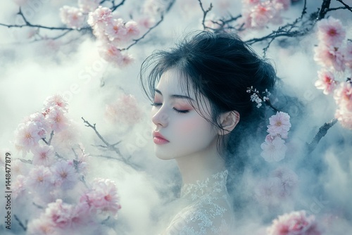 Obraz na płótnie Lovely caucasian young woman surrounded by cherry blossoms. Spring mood, morning rays and fog. Commercial ad conceptual art. Commercial springtime portrait with woman and blossoms. w salonie
