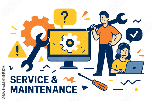 A flat design concept illustrating service and maintenance, designed for use in website banners, marketing materials, business presentations, and online advertising