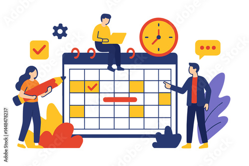 A business schedule planning concept is depicted through flat design, where a team of people utilize an online calendar, all set against a vector illustration background designed for a web landing