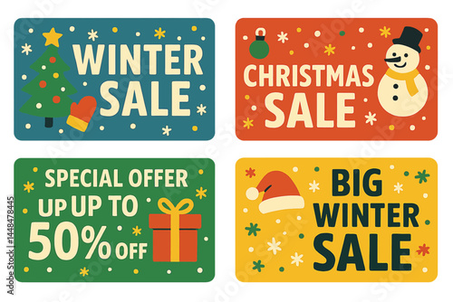 Colorful winter sale social media story templates include cute illustrations with falling snowflakes and festive Christmas banners