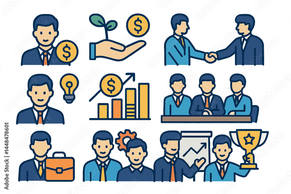 The collection includes a range of line icons related to business and finance, such as money, investment, teamwork, meetings, partnerships, and achieving success at work The collection includes a range of line icons related to business and finance, such as money, investment, teamwork, meetings, partnerships, and achieving success at work