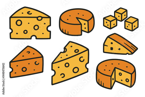 The illustration features a cheese outline that has been hand drawn and is showcased on a plain white background, accompanied by a set of cheese icons and doodles