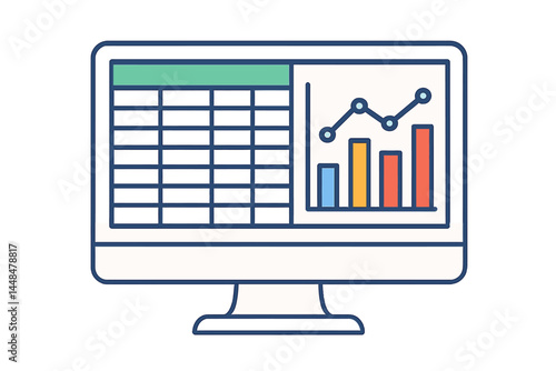 Illustration in flat style depicting a desktop computer with a spreadsheet table and graphic on its white monitor