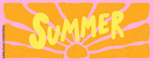 Summer horizontal abstract background with bright retro groovy sun and text Summer. Modern art minimalist style design template for sales, horizontal poster, header, cover, social media, fashion ads