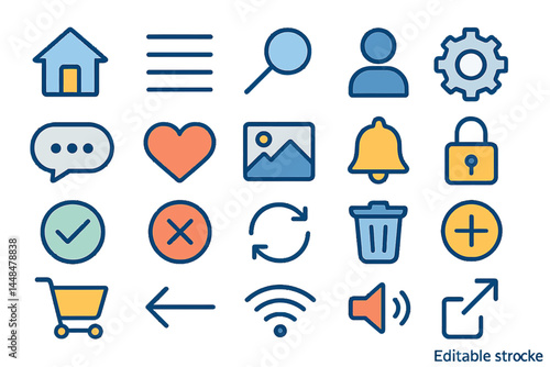 A set of basic ui ux icons for user interface is provided, featuring vector illustrations and editable stroke capabilities