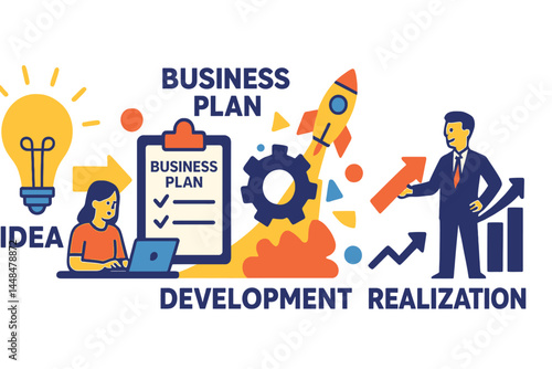 Illustration of a business plan's progression from idea to completion, serving as a creative concept for various mediums such as web banners, social media banners, and business presentations