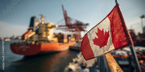 canada maritime port scene with flag and shipping containers economic trade and export concept, manufacturing, tariff