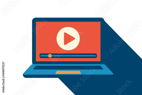 Vector illustration of a modern laptop with a video player on the screen, showcasing online videos, movies, educational materials, and concepts related to web courses, in a long shadow flat design