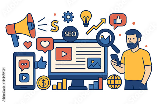Online marketing, social media marketing, and SEO are depicted in a vector illustration