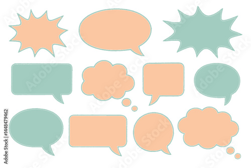 Vector illustration features a collection of hand-drawn, pop art-inspired speech bubbles, thinking clouds, and conversation text elements in pastel colors, reminiscent of a retro comic style