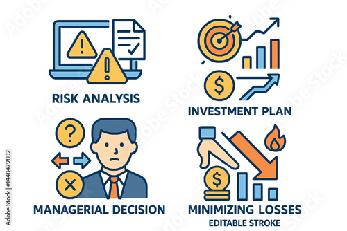 Vector line icons related to risk management, such as risk analysis and investment planning, are provided, along with managerial decision and loss minimization symbols, in an editable stroke style