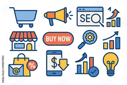 Collection of flat design icons for E-commerce, Marketing, and SEO purposes