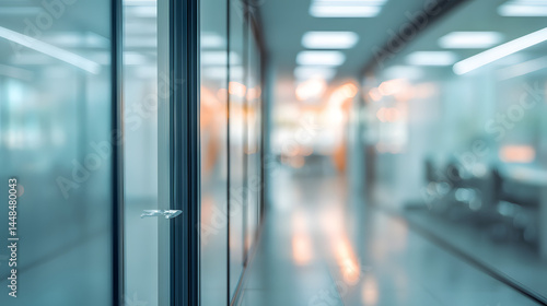 Blurry office interior with open door modern workspace professional environment soft focus