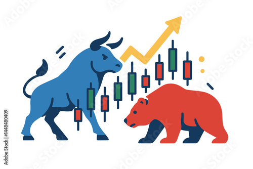 The notion of a  market exchange is represented by a graphic that combines a bull and a bear with a candlestick