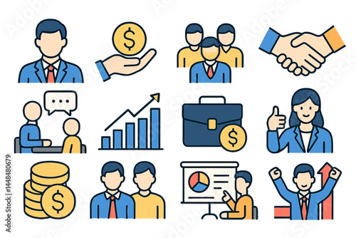 A set of line icons for business and finance is available, featuring a collection of businessman outline icons, including symbols for money, investment, teamwork, meetings, partnerships, and work