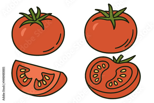 A set of vector drawings featuring tomatoes is available, including an isolated tomato and a sliced piece of the vegetable