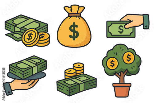 Wealth and prosperity are represented by a variety of icons, including piles of cash, coins, and money trees, all in a vibrant and isolated vector style
