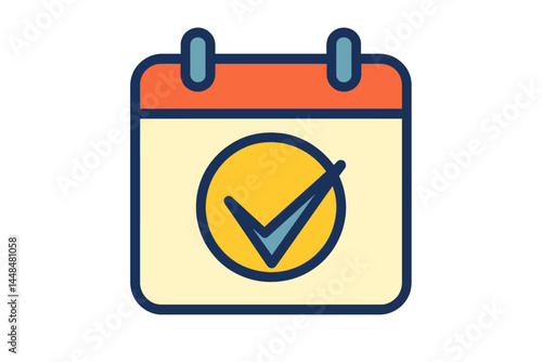 The image is a vector calendar icon that includes a check mark, designed for incorporation into graphics and website design, characterized by its flat style and created using vector illustration