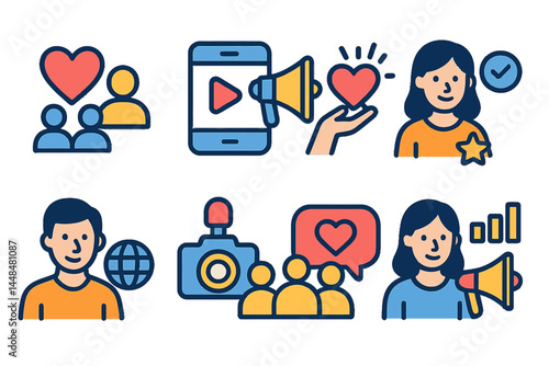 The influencer icon collection features a range of solid icons representing concepts such as followers, social media, promotions, passion, celebrity status, influence, content creation, community
