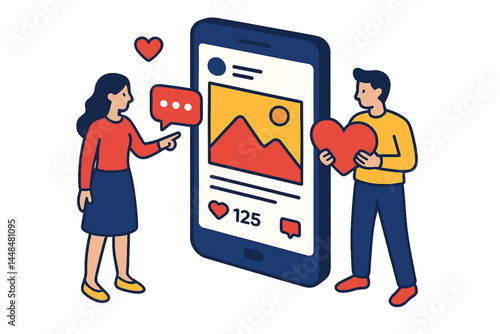 A flat isometric vector illustration shows people characters standing near a smartphone, looking at a new social media post, where a woman and man are leaving comments and likes for a photo in a