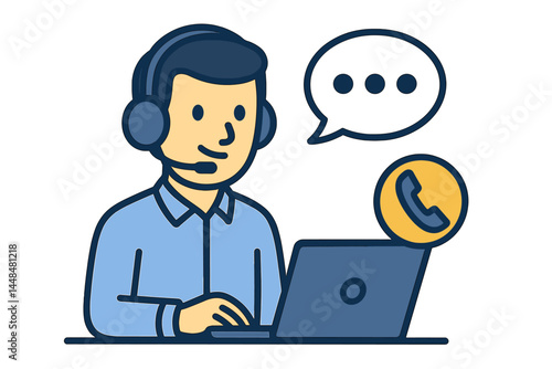 A man wearing headphones and using a microphone with his laptop is the subject of a concept illustration for customer support and call centers