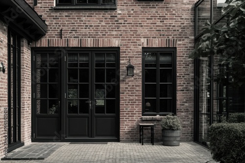 The striking exterior showcases elegant brickwork  highlighted by modern black windows and doors  all set within a stylish contemporary courtyard garden basking in the warm glow of daylight
