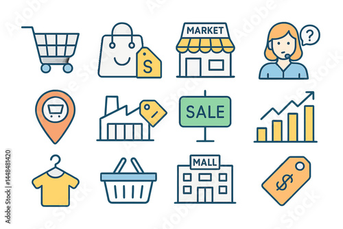 Market Shopping mall has a minimal thin line web icon set that includes a collection of outline icons and a simple vector illustration