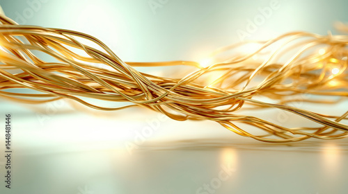 Golden wire mesh intricately woven, reflecting light on a smooth surface, conveying a sense of fluidity and connectivity.