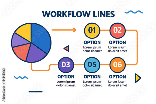 The infographic features workflow lines and includes a pie chart that is segmented into six distinct parts, presented in a vector illustration style