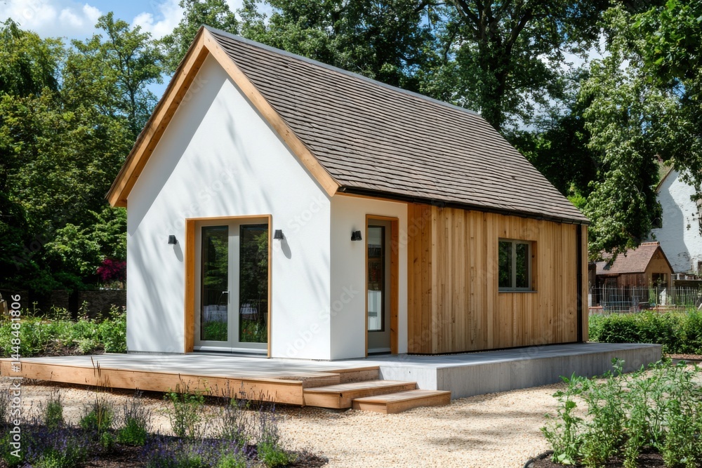 Modern cabin in a lush garden setting featuring sleek lines and a blend of wood and white facade surrounded by greenery in the daytime Modern cabin in a lush garden setting featuring sleek lines and a blend of wood and white facade surrounded by greenery in the daytime