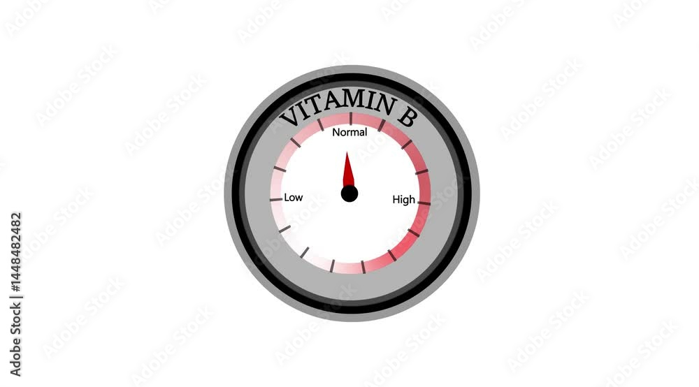 Vitamin B text or word shown with a barometer or tachometer-style gauge, representing varying levels of artery blockage and heart function severity Vitamin B text or word shown with a barometer or tachometer-style gauge, representing varying levels of artery blockage and heart function severity