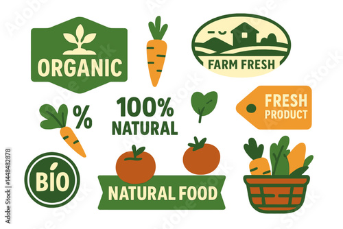 A collection of organic food, farm fresh, and natural products labels and elements is presented in vector illustration form for the promotion of food markets, e-commerce, restaurants, healthy