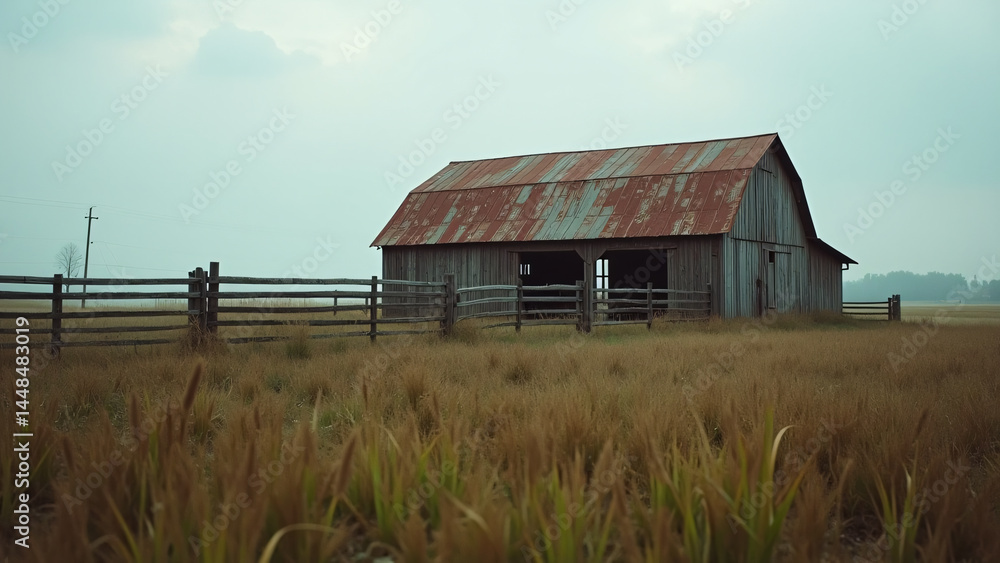 Obraz premium Barn and Fence in Grassy Field