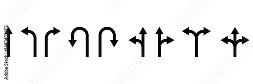 Road traffic direction arrows. Road navigation arrows. Driving direction mark, location point crossroad circle turning route black pictograms. Vector illustration.