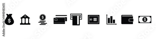 Money, budget, savings, loan, cash, earning, income, wallet, currency, dollar, card, coin, revenue, piggy bank, and profit icon set. Finance business thin line icon collection. Vector isolated.