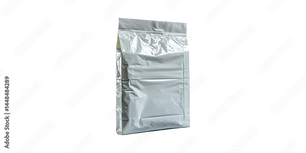 Silver Foil Packaging Bag. Versatile Storage Solution For Food And Products Isolated On Transparent Background Silver Foil Packaging Bag. Versatile Storage Solution For Food And Products Isolated On Transparent Background
