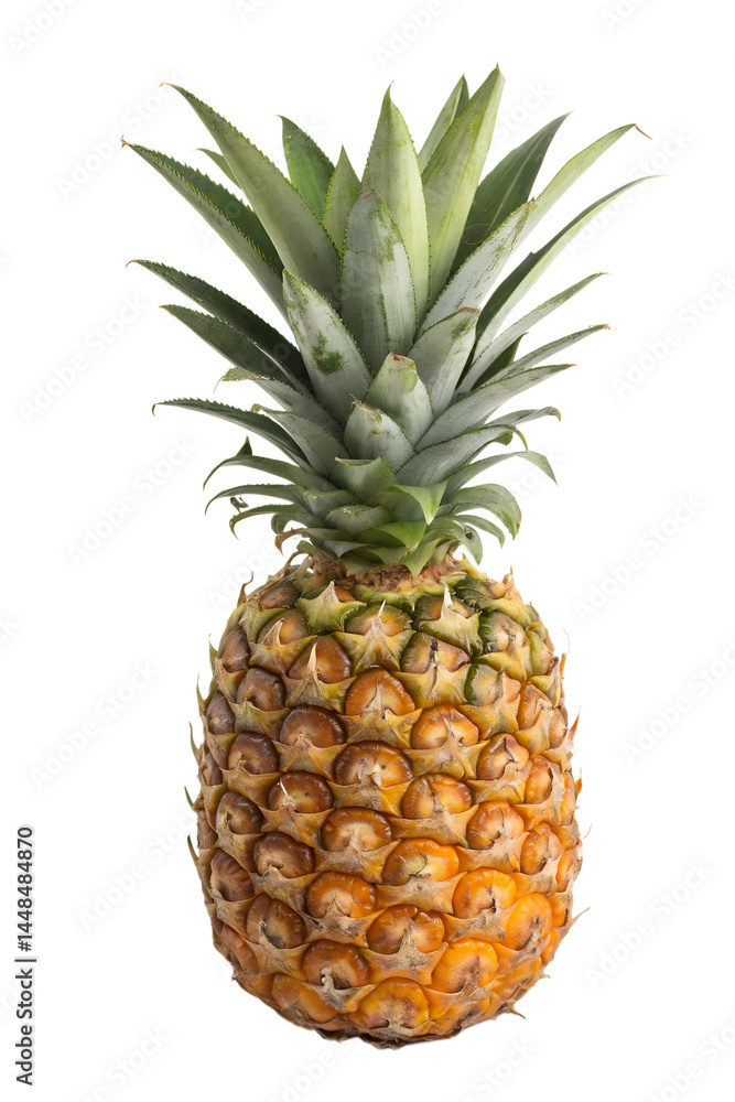 A single pineapple with a golden-brown exterior and green, spiky leaves on top. A single pineapple with a golden-brown exterior and green, spiky leaves on top.