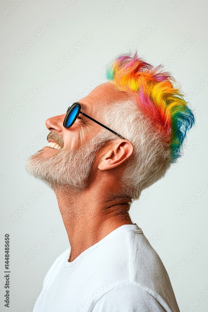 Classy men's colored spike haircut - midlife white man with blond hair. A trendy man showcasing a fashionable hairstyle. Pure white solid background. Conceptual art of style for aging men.