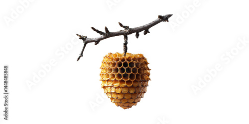 Beehive Hanging From Tree Branch. Symbol Of Nature, Ecology, And Biodiversity Isolated On Transparent Background