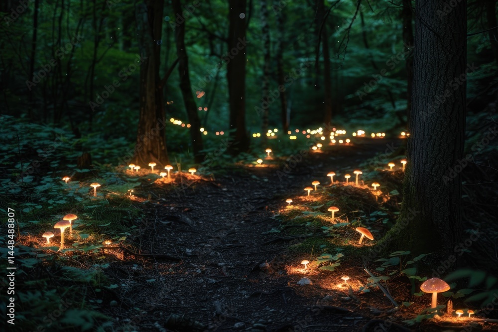 Glowing mushroom path enchanting forest night scene mystical nature Glowing mushroom path enchanting forest night scene mystical nature