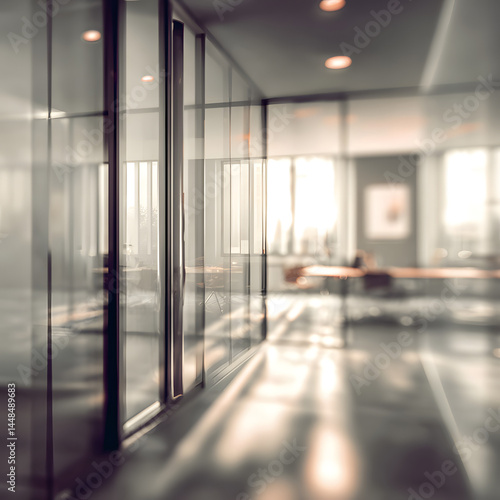 Dynamic office environment with blurred interior and door focus modern workspace professional setting