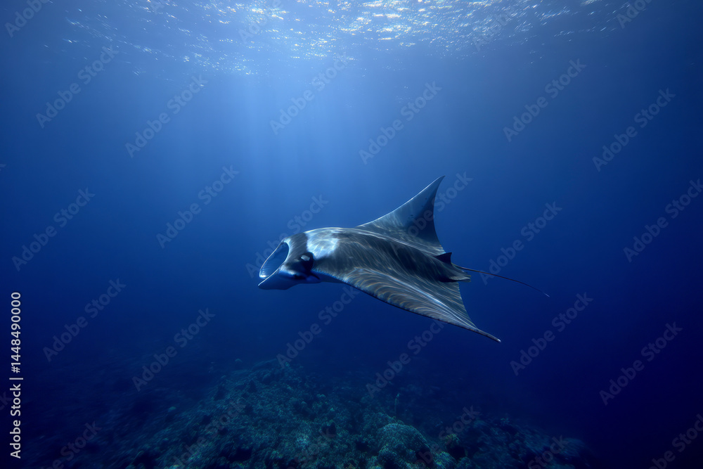 Naklejka premium Majestic Manta Ray Swimming Beneath the Waves in Mexico