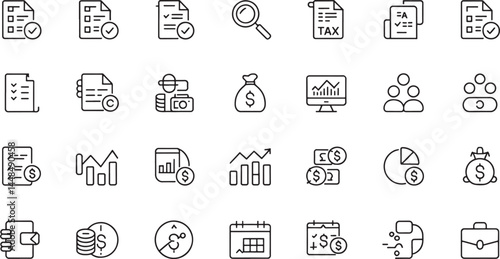 Accounting set of web icons in line style. Accounting and audit icons for web and mobile app. Containing finance report and audit, invoice, tax return, accounting, auditing, inspection and more