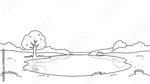 Tranquil landscape with calm reflection in a lake and trees drawn in a minimalist style copy space