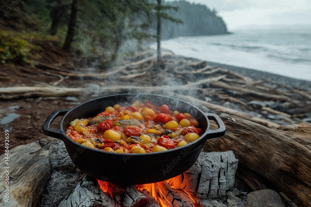 Rustic Fish Stew Simmering In Iron Pot Over Coastal Wood Fire Rustic Fish Stew Simmering In Iron Pot Over Coastal Wood Fire