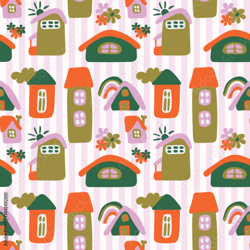 Home sweet home house silhouette with window, door and smoke seamless pattern. Funny houses of different shapes. Endless print background texture. Retro and vintage. Vector illustration.