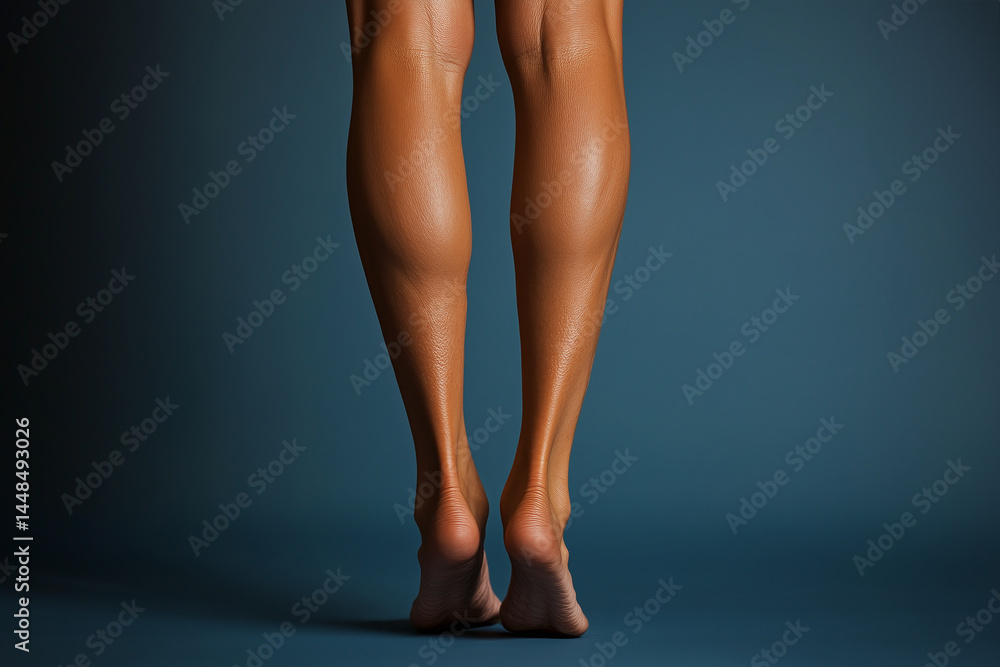 Fototapeta premium Beautiful view of slender athletic female legs. Close-up of a young woman's shins and bare feet