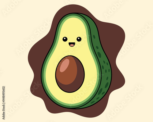 Cute Kawaii Avocado Half with Seed and Happy Face Illustration