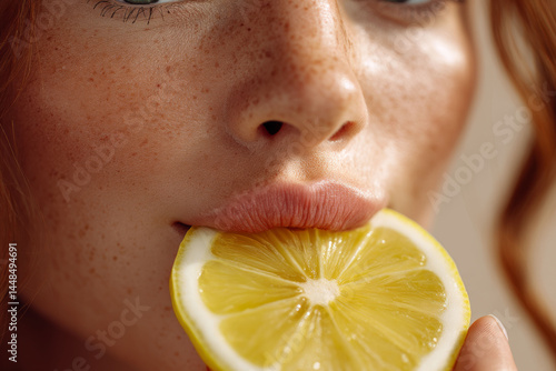 Freckled skin closeup with puckered lips gently holding juicy lemon slice sensually