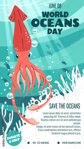 World Oceans Day Flat Design Template. Squid and Coral Reef Illustration for Social Media Stories. Marine Conservation Vertical Vector Art for Eco Campaigns.
